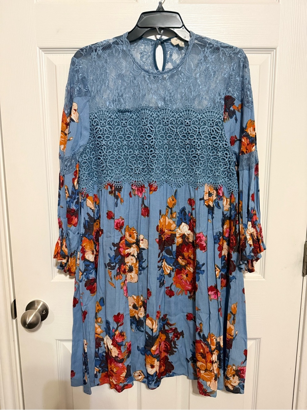 Umgee Dusty Blue Floral Long Sleeve Lace Yoke Dress